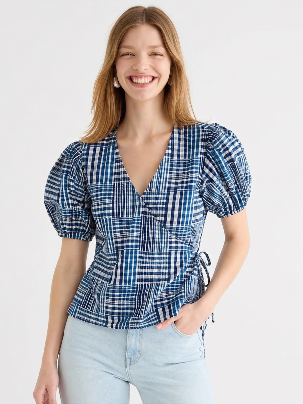 J.Crew Indigo Plaid Puff Sleeve Wrap Blouse XS Cotton Tie Waist